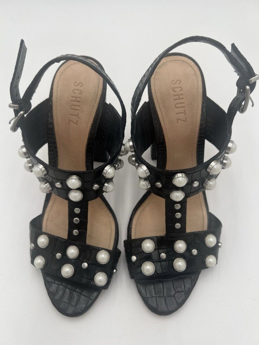 Schutz Zarita Sandals 8B Black Croc Embossed Leather Pearl Stud Slingback Heels - Picture 8 of 15